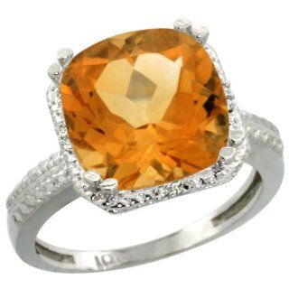 14k White Gold Natural Citrine Ring 11x11 mm 6 ct Diamond Halo 1/2 inch wide, sizes 5 10 Jewelry