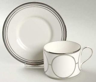 Mikasa Platinum Links Flat Cup & Saucer Set, Fine China Dinnerware   Silver Band