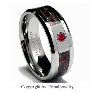 8mm Tungsten Carbide Ring with RED Ruby .050 Carat Stone & RED Carbon Fiber Inlay Wedding Band (11) Jewelry