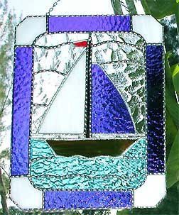 Nautical Blue & White Sailboat Stained Glass Suncatcher   9 1/2" x 12"   Stained Glass Window Panels