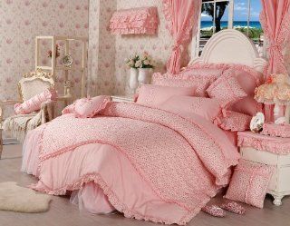 Korean Princess Bed Set Orange Pink Sweetheart Flower Lace Duvet Cover King Size Wedding European Bed in a Bag 4 Pcs   Diaidi Bedding For Girls