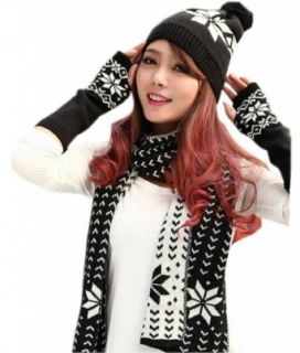 Sefon Women's Woolen 3 Piece Hat Scarf & Glove Sets, Black