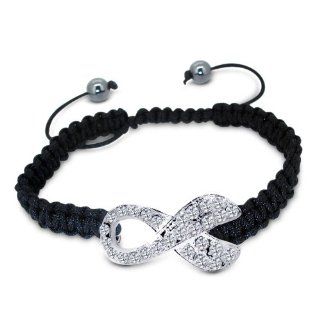 Shamballa Black Laced Cancer Awareness Bracelet Paved in High Quality White CZ Stones Jewelry