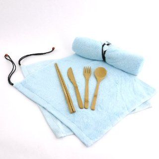 BambooImportsMN Travel Utensils with 2 100% Rayon from Bamboo Washcloth Wraps   2 sets, Aqua Flatware Sets Kitchen & Dining