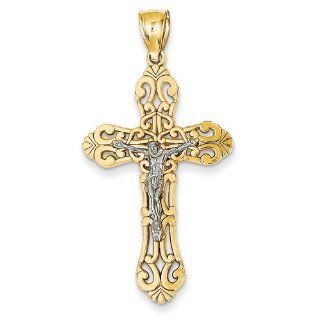 Ornate Paisley Crucifix Pendant, 14K Two Tone Gold Jewelry