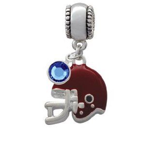Small Maroon Football Helmet Charm Bead with Sapphire Crystal Dangle Delight Jewelry