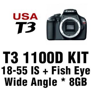 Canon EOS Digital Rebel T3 1100D Camera 3 Lens Kit with 18 55mm IS, 58mm Wide Angle, Fisheye 0.18x, 8 GB and More  Digital Slr Camera Bundles  Camera & Photo