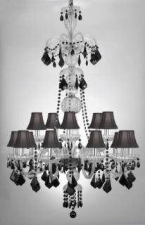 MURANO VENETIAN STYLE ALL CRYSTAL CHANDELIER WITH BLACK CRYSTAL & SHADES W 32" H 48"    