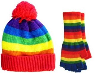 Set of Rainbow Stripe Beanie Pom Hat & Fingerless Knit Gloves Cold Weather Fingerless Gloves