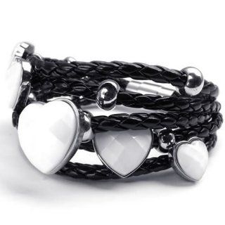 KONOV Jewelry Stainless Steel Heart Charms Braided Leather Womens Bracelet, White Silver Black KONOV Jewelry Jewelry