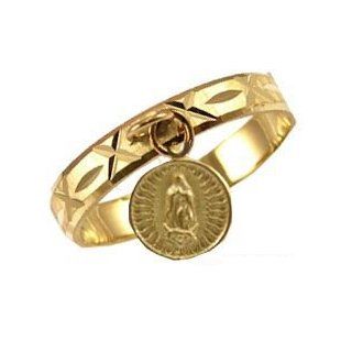 14k Yellow Gold, Dangling Coin Ring with Virgin Mother Mary of Guadalupe Image with Sparkly Finish Jewelry