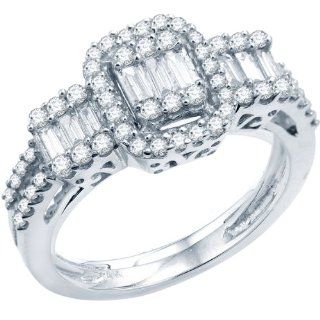 1.00 Carat (ctw) 14k White Gold Round & Baguette Diamond Ladies Bridal Engagement Ring 1 CT Jewelry