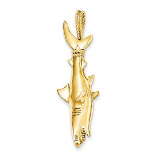 14K Yellow Gold Hollow Polished 3 Dimensional Hanging Shark Pendant Jewelry