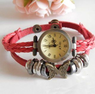 Crazycity New Fashion Retro Vintage Metal Ring Butterfly Red Leather Wristband Watch Quartz Weave Wrap Around Leather Strap Bracelet Wrist Watch for Girls Women Lovers Girlfriend at  Women's Watch store.