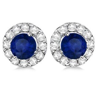 Halo Diamond and Blue Sapphire Stud Earrings For Women Round Prong Set 14K White Gold (0.79ct) Allurez Jewelry