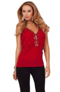 Hot from Hollywood Women's Beaded V Neck Sleeveless Tuck in Stitching Club Top