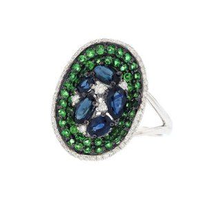 Ladies 14k White Gold 1.95Ct Blue Sapphire Green Garnet .20Ct Diamond Ring Size 7.5 Jewelry