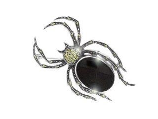 925 Silver Marcasite & Black Onyx Spider Brooch Jewelry
