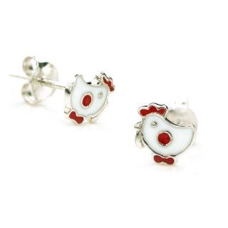 Perfect Gift for Teen Girl   925 Sterling Silver Enameled Rooster Stud Earrings Sale Jewelry