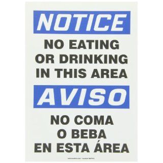 Accuform Signs SBMGNF803VS Adhesive Vinyl Spanish Bilingual Sign, Legend "NOTICE NO EATING OR DRINKING IN THIS AREA/AVISO NO COMA O BEBA EN ESTA AREA", 14" Length x 10" Width x 0.004" Thickness, Blue/Black on White Industrial Warn