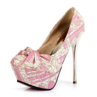 Kvoll Women's Closed Toe Stiletto Platform Printing Canvas Pumps Heels Red Bottom Pink,35 Shoes