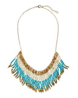 Fringe Beaded Bib Necklace, Turquoise/White/Golden