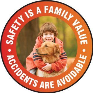 Accuform Signs MFS786 Slip Gard Adhesive Vinyl Round Floor Sign, Legend "SAFETY IS A FAMILY VALUE ACCIDENTS ARE AVOIDABLE", 17" Diameter, White Industrial Floor Warning Signs