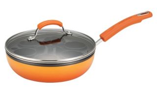 Rachael Ray Porcelain II Nonstick Egg Poacher Plus 9.5 in. Covered Deep Skillet with 6 Nylon Egg Cups   Orange Gradient   Fry Pans & Skillets