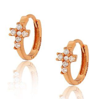 Sterling Silver Rose Gold Plated White Round Crystals CZ Religious Latin Cross Womens Girls Hoop Huggie Earrings My Daily Styles Jewelry