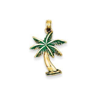 Green Enameled Palm Tree Pendant In 14 Karat Yellow Gold Jewelry