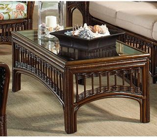 Hospitality Rattan St. Lucia Rattan & Wicker Coffee Table with Glass   Antique   Coffee Tables