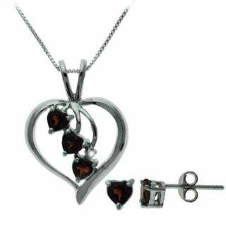 Sterling Silver Genuine Garnet Diamond Heart Pendant and Stud Earrings Set Jewelry