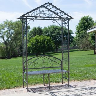 Austram Hammered Silver 8 ft. Steel Gable Arbor with Bench Package   Arbors
