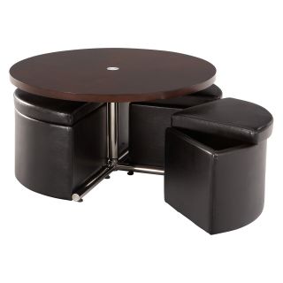Standard Furniture Cosmo Adjustable Height Round Wood Top Coffee Table with 4 Storage Ottomans   Coffee Tables