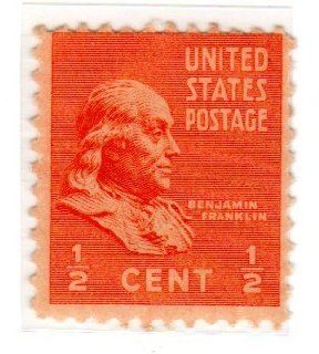 Postage Stamps United States. One Single 1/2 Cent Deep Orange Benjamin Franklin Presidential Issue Stamp, Dated 1938 54, Scott #803. 