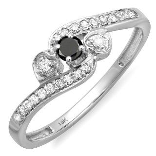 0.25 Carat (ctw) 10k White Gold Round Black And White Diamond Ladies Bridal Promise Heart 3 Stone Swirl Engagement Ring 1/4 CT Jewelry