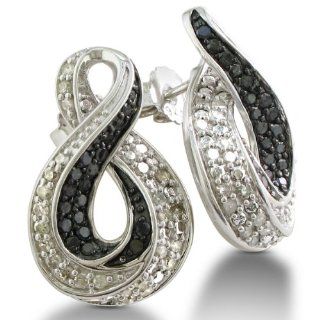 1ct Black and White Diamond Swirl Drop Earrings in Sterling Silver With Free Blitz Jewelry Cleaner Jewelry