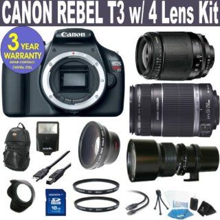 BRAND NEW CANON REBEL T3 w/ CANON 18 135 IS LENS + CANON 55 250 IS LENS + 500mm SUPER TELEPHOTO PRESET LENS + .45X SUPER WIDE ANGLE FISHEYE LENS + 16 GIG MEMORY + 3 YEAR CELLTIME WARRANTY  Digital Camera Accessory Kits  Camera & Photo