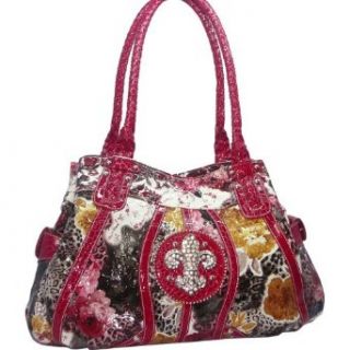 Designer Inspired Animal & flower print rhinestone fleur de lis shoulder Handbag Multi / Red Trim Clothing