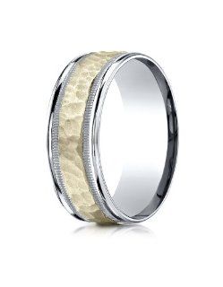 14k Two Toned 8mm Comfort Fit Hammered Finished with Milgrain Carved Design Benchmark Wedding Band Ring for Men & Women Size 4 to 15 Jewelry