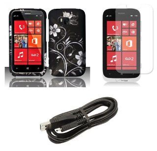 Nokia Lumia 822 (Verizon) Accessory Combo Kit   Silver Meadow Butterfly Flower on Black Design Shield Case + Atom LED Keychain Light + Screen Protector + Micro USB Cable Cell Phones & Accessories