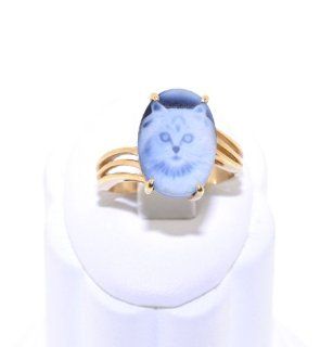 14K Yellow Gold Blue Cameo Cat Ring Jewelry