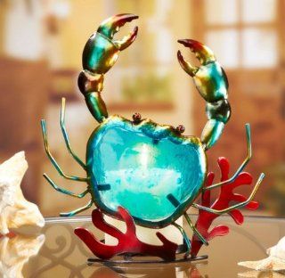 9" Hand Sculpted Ocean Inspired Glass and Metal Blue Crab Pillar Candle Holder  