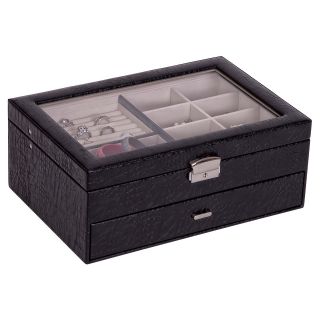 Colette Glass Top Locking Jewelry Box in Black Croco Faux Leather   12.5W x 5H in.   Womens Jewelry Boxes