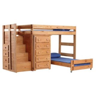 Chelsea Home Twin over Twin Staircase Bunk Bed with 5 Drawer Chest   Ginger Stain   Bunk Beds