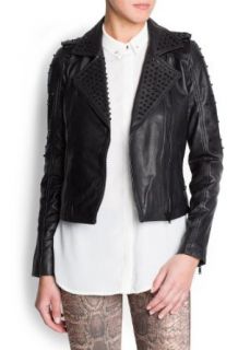 Mango Women's Studded Leather Biker Jacket, Black, L Leather Outerwear Jackets