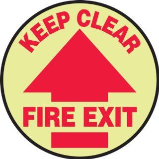 Accuform Signs MFS873 Slip Gard Lumi Glow Adhesive Vinyl Round Floor Sign, Legend "KEEP CLEAR FIRE EXIT" with Arrow Graphic, 8" Diameter, Red on Yellow Industrial Floor Warning Signs