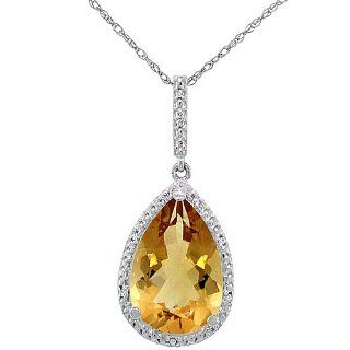 10K White Gold Natural Citrine Pendant Pear Shape 10x15 mm & Diamond Accents Jewelry