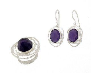 Silver Jewelry, 925 Sterling Silver Matching Earrings + Ring SET. Custom Hand Made and Designed in Israel by Bili Silver. Ring has 13/18mm Oval Faceted Synthetic Amethyst Purple Stone in size 7, 8 . Earrings have 2 x 10/12mm Faceted Synthetic Amethyst Pur