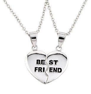Sterling Silver Rhodium Plated 2 Piece Best Friend Heart Necklace 16 Inch Plus 2 Inch Adjustable Jewelry